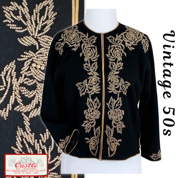 Vintage 50s 60s Black Sweater Cardigan Lambswool Angora Beaded Rockabilly PinUp - Picture 1 of 10
